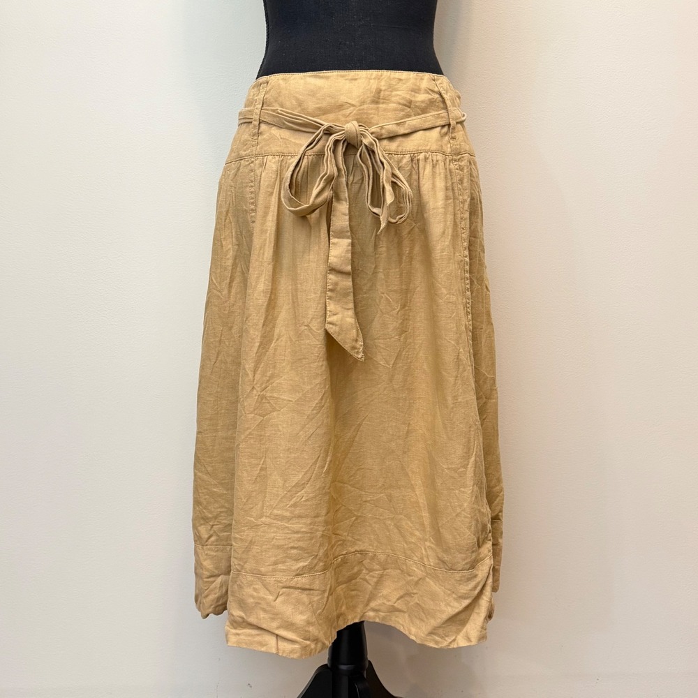 Jones New York Khaki Tan 100% Linen Midi Skirt Belted‎ A-Line Womens 12 Paperbag
